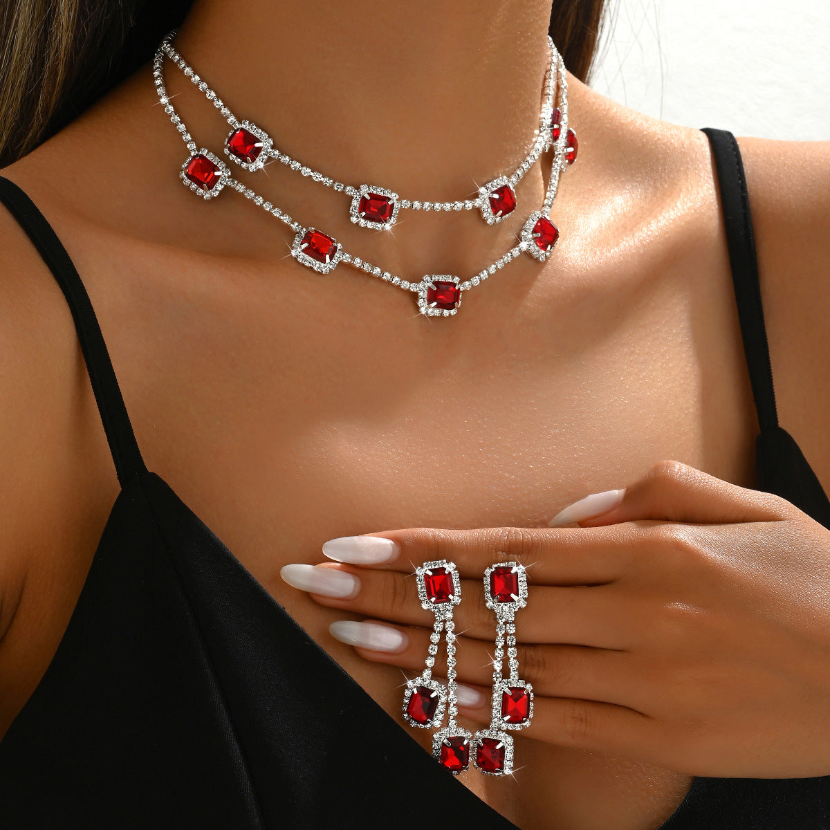 Square Double-layer Necklace and Tassel Earrings Jewelry Set