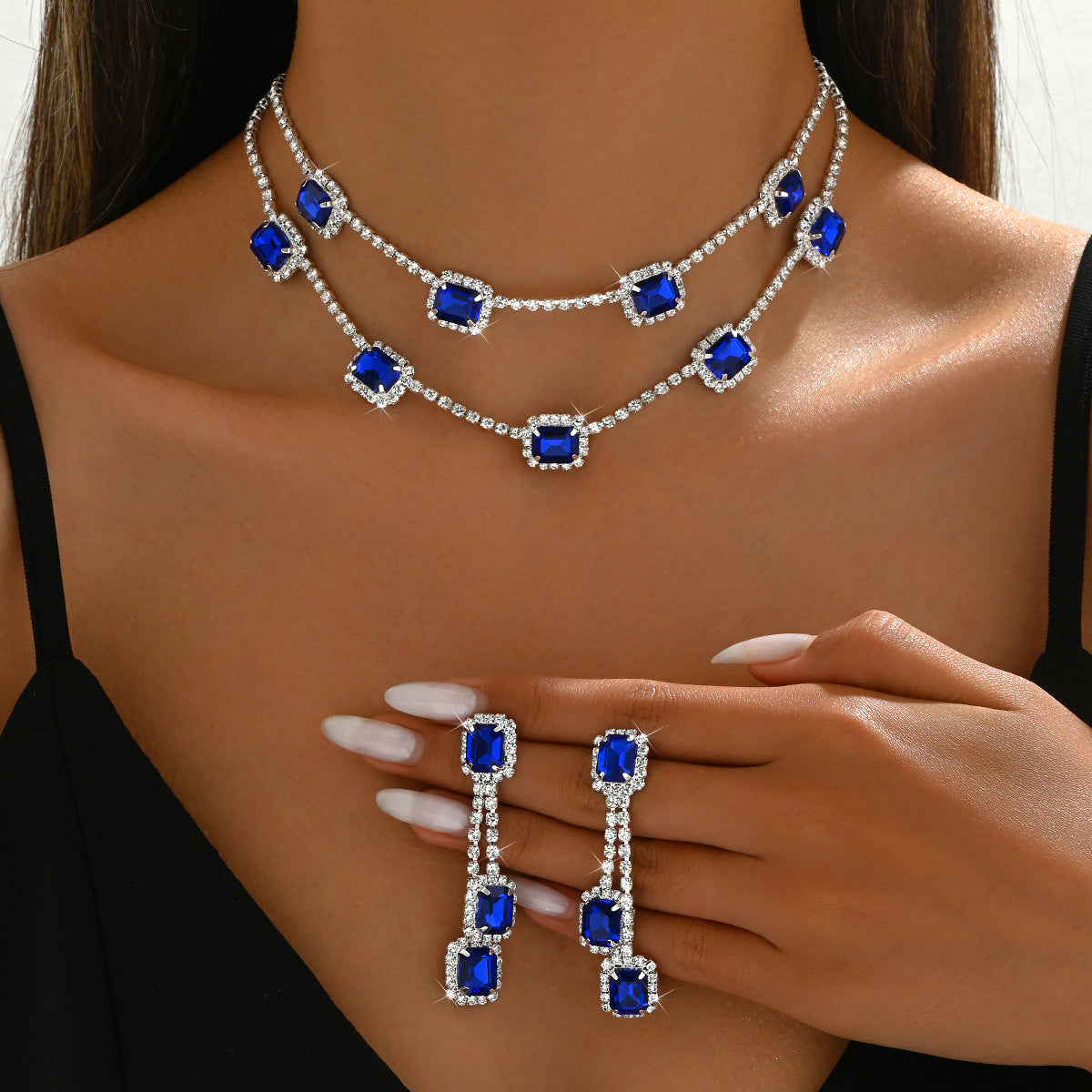 Square Double-layer Necklace and Tassel Earrings Jewelry Set
