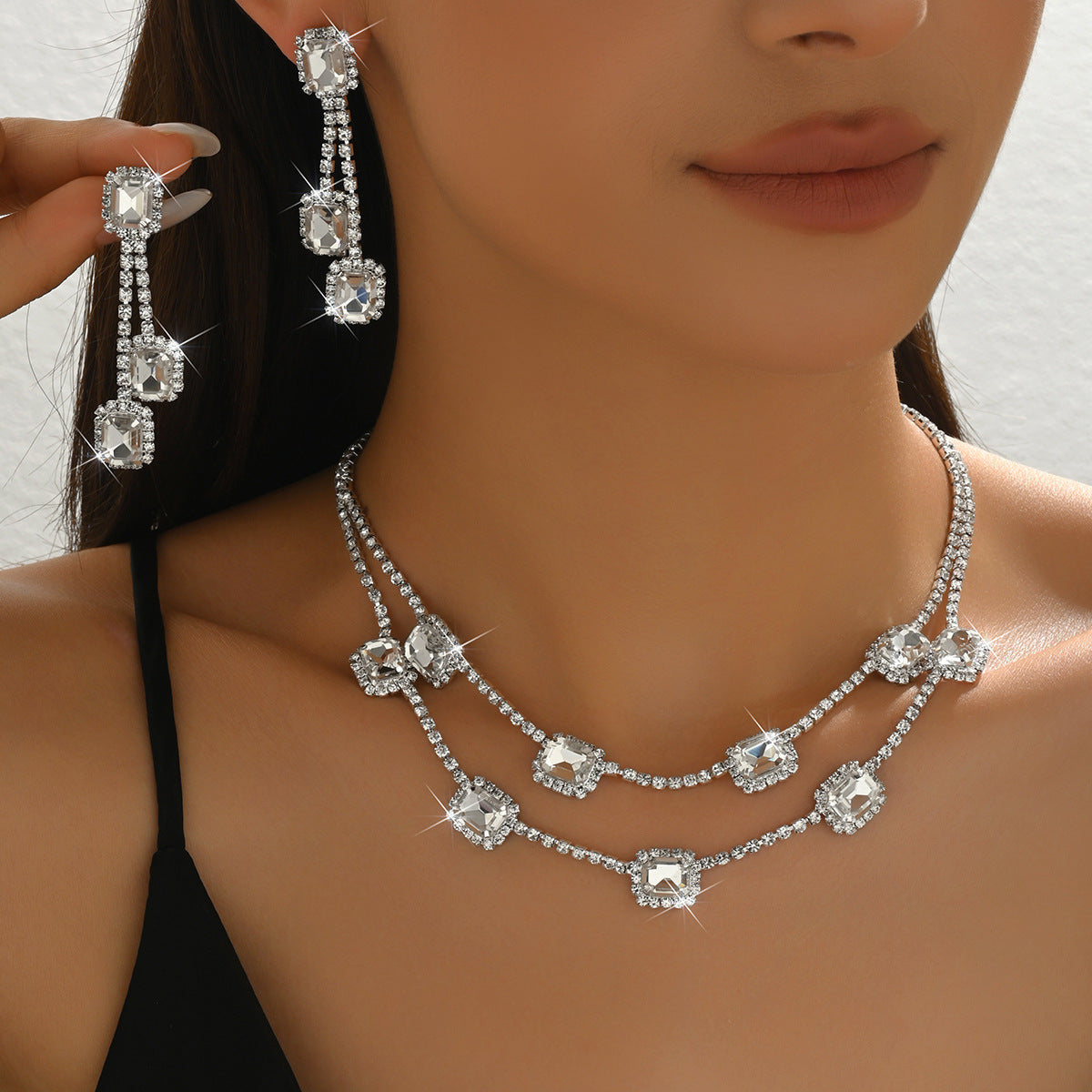 Square Double-layer Necklace and Tassel Earrings Jewelry Set